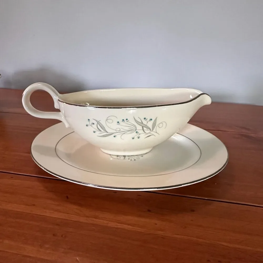 Homer Laughlin Celeste Gravy Boat and Underplate Mid Century Platinum Trim MCM